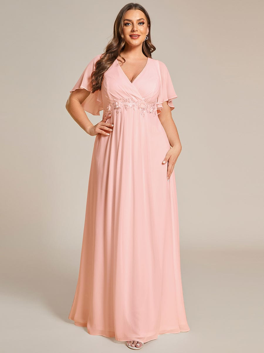 Custom Size Ruffles Sleeve A-Line Chiffon Waist Applique Maxi Evening Dress #color_Pink