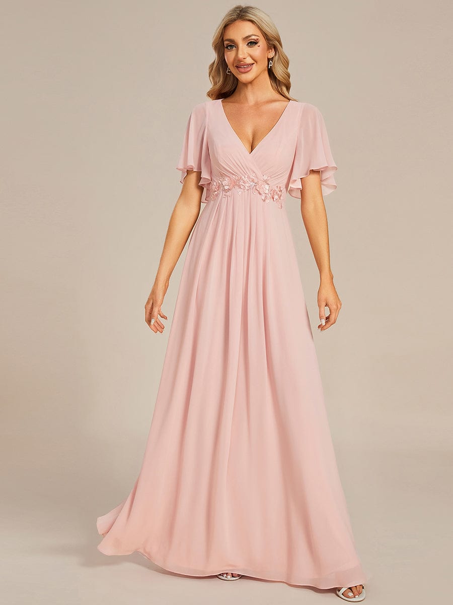 Custom Size Ruffles Sleeve A-Line Chiffon Waist Applique Maxi Evening Dress #color_Pink