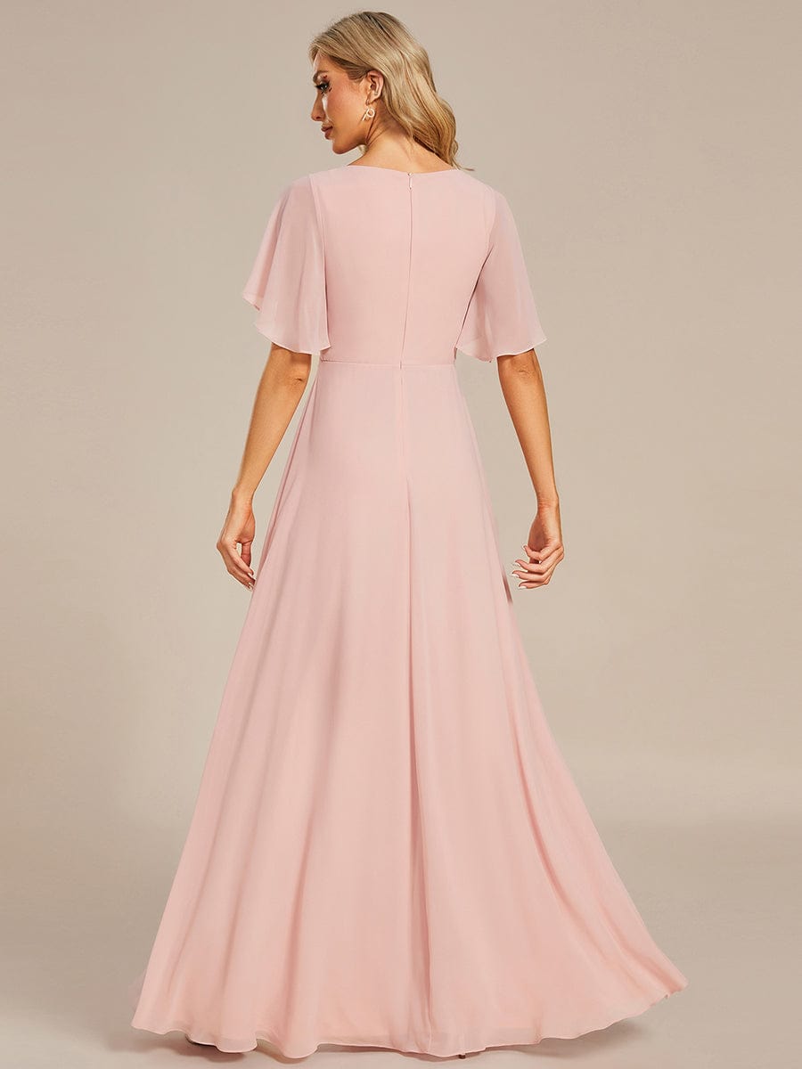 Custom Size Ruffles Sleeve A-Line Chiffon Waist Applique Maxi Evening Dress #color_Pink