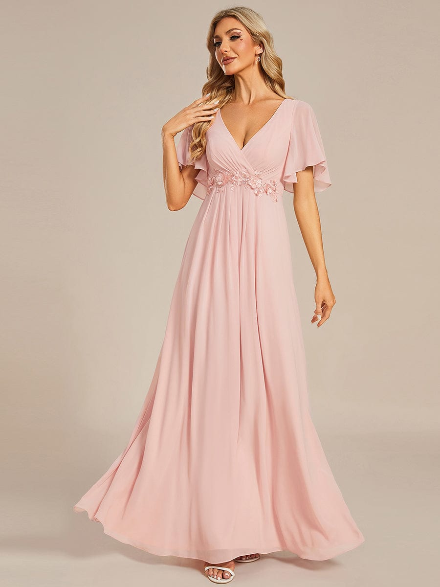 Custom Size Ruffles Sleeve A-Line Chiffon Waist Applique Maxi Evening Dress #color_Pink