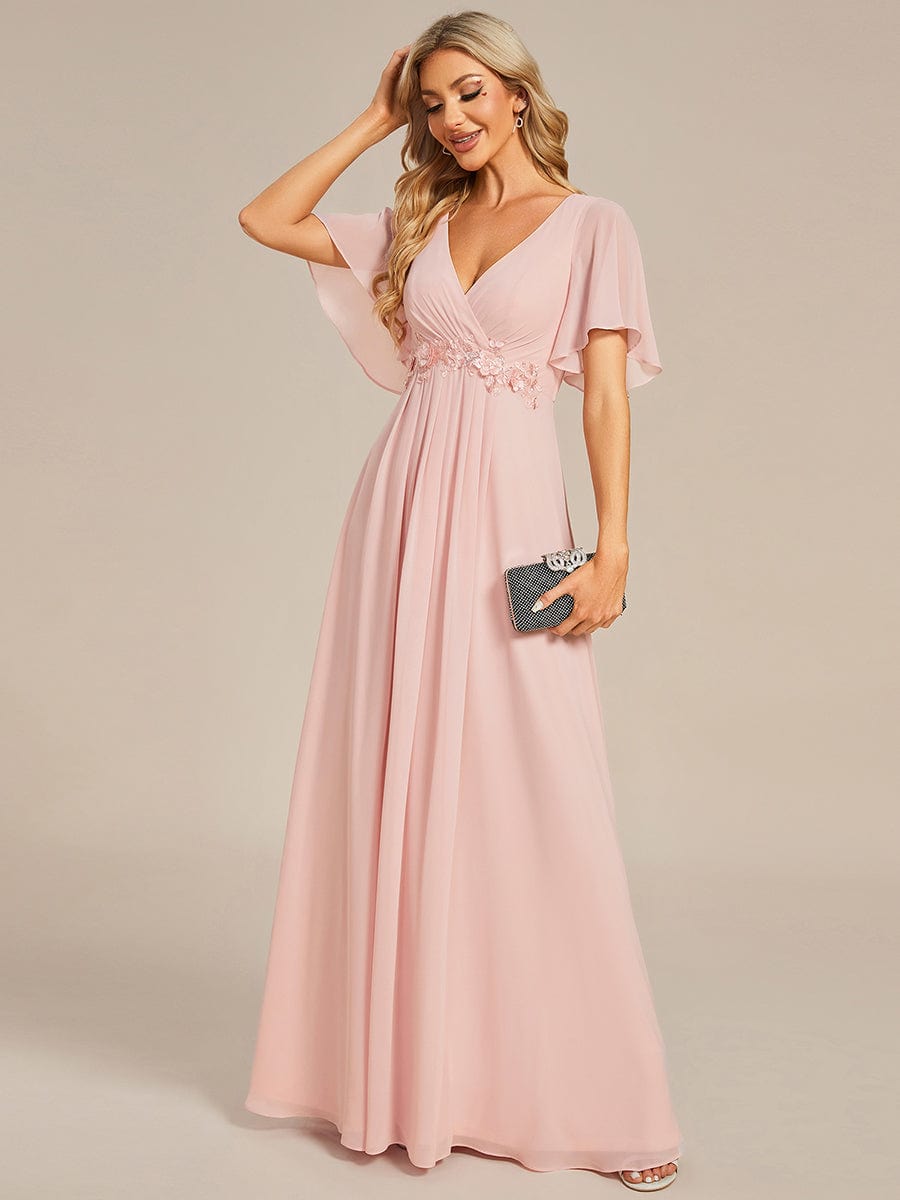 Custom Size Ruffles Sleeve A-Line Chiffon Waist Applique Maxi Evening Dress #color_Pink