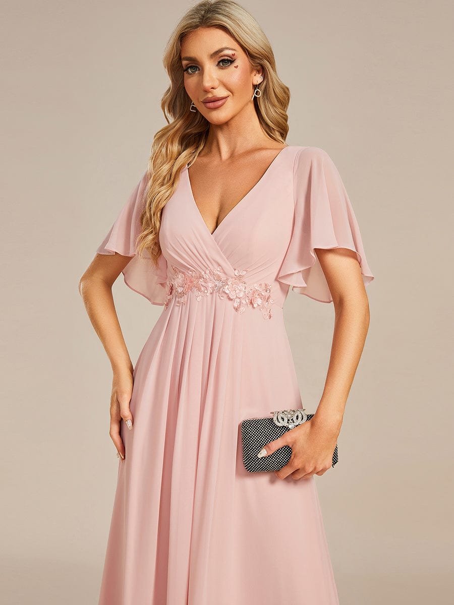 Custom Size Ruffles Sleeve A-Line Chiffon Waist Applique Maxi Evening Dress #color_Pink