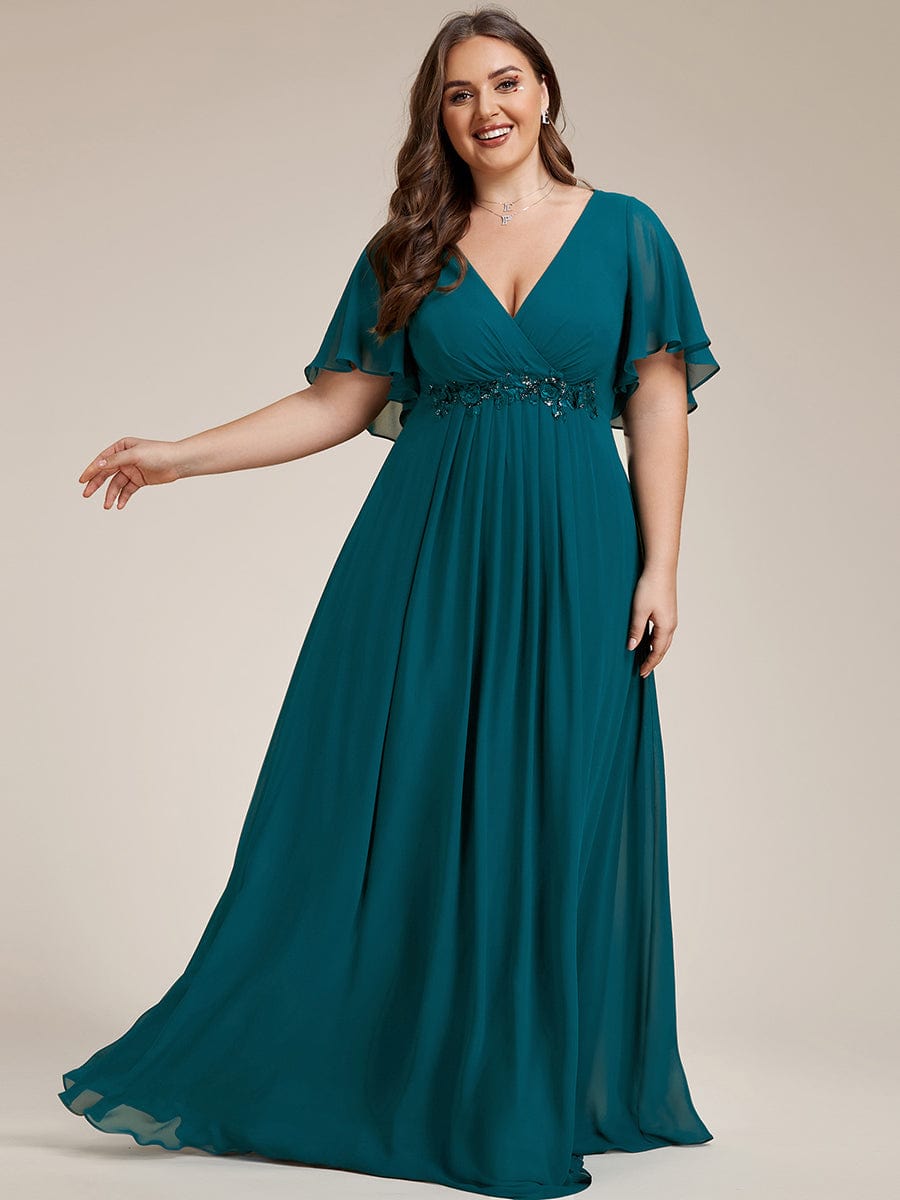 Plus Size Floral Applique Short Sleeve A-Line Chiffon Evening Dress #color_Teal