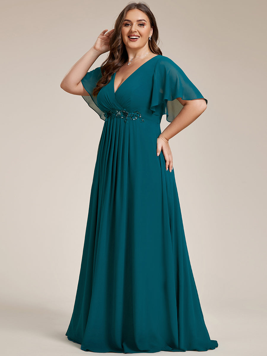 Plus Size Floral Applique Short Sleeve A-Line Chiffon Evening Dress #color_Teal