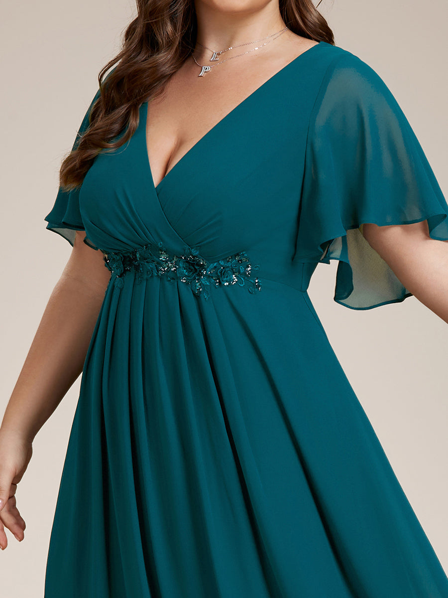 Plus Size Floral Applique Short Sleeve A-Line Chiffon Evening Dress #color_Teal