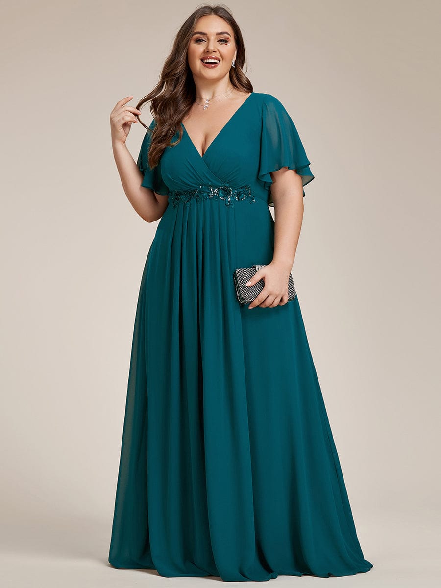 Ruffles Sleeve A-Line Chiffon Waist Applique Maxi Evening Dress #color_Teal