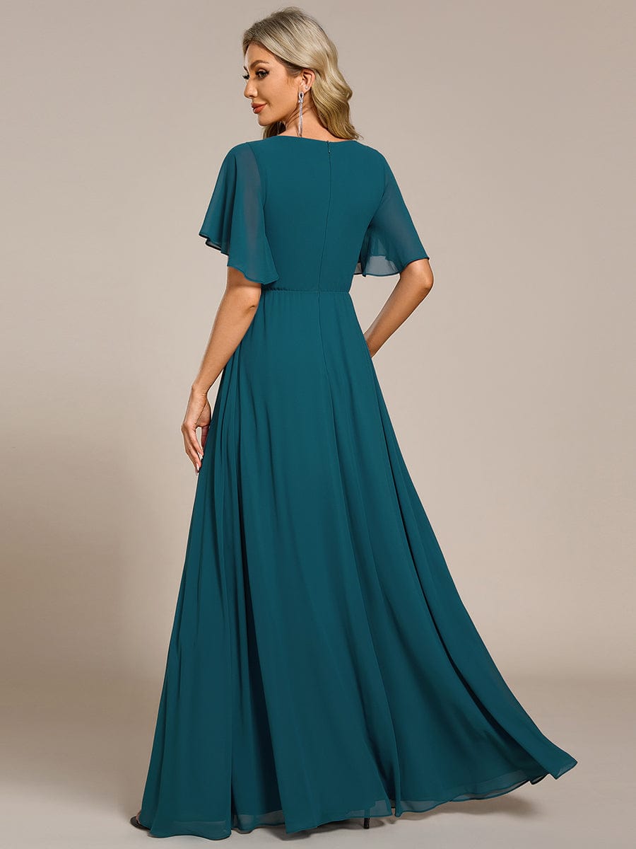 Ruffles Sleeve A-Line Chiffon Waist Applique Maxi Evening Dress #color_Teal