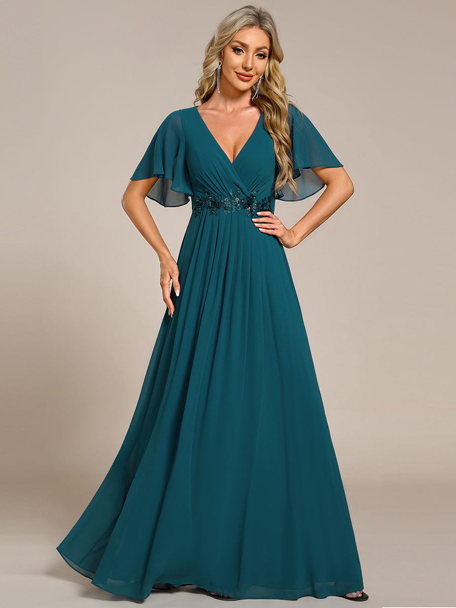 Ruffles Sleeve A-Line Chiffon Waist Applique Maxi Evening Dress #color_Teal