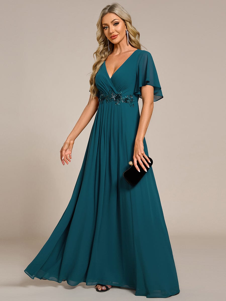 Ruffles Sleeve A-Line Chiffon Waist Applique Maxi Evening Dress #color_Teal