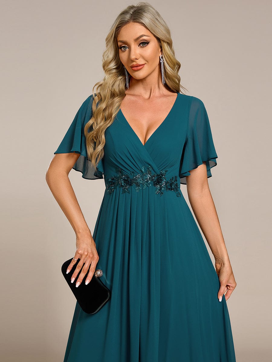 Ruffles Sleeve A-Line Chiffon Waist Applique Maxi Evening Dress #color_Teal