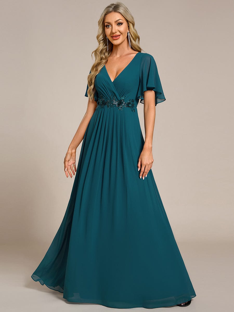 Ruffles Sleeve A-Line Chiffon Waist Applique Maxi Evening Dress #color_Teal