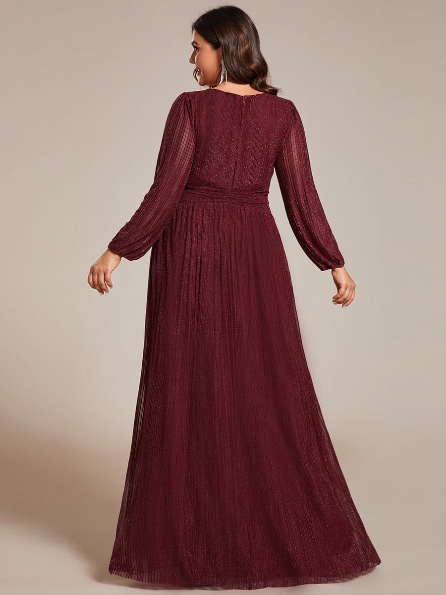 Glittery Empire Waist Long Lantern Sleeves A-Line Evening Dress #color_Burgundy