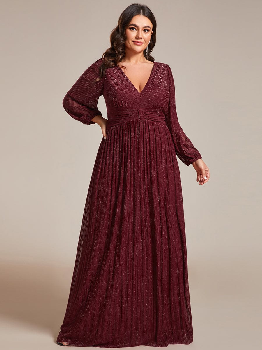 Glittery Empire Waist Long Lantern Sleeves A-Line Evening Dress #color_Burgundy