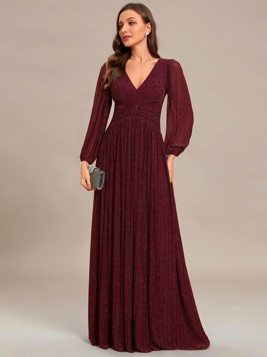 Glittery Empire Waist Long Lantern Sleeves A-Line Evening Dress #color_Burgundy