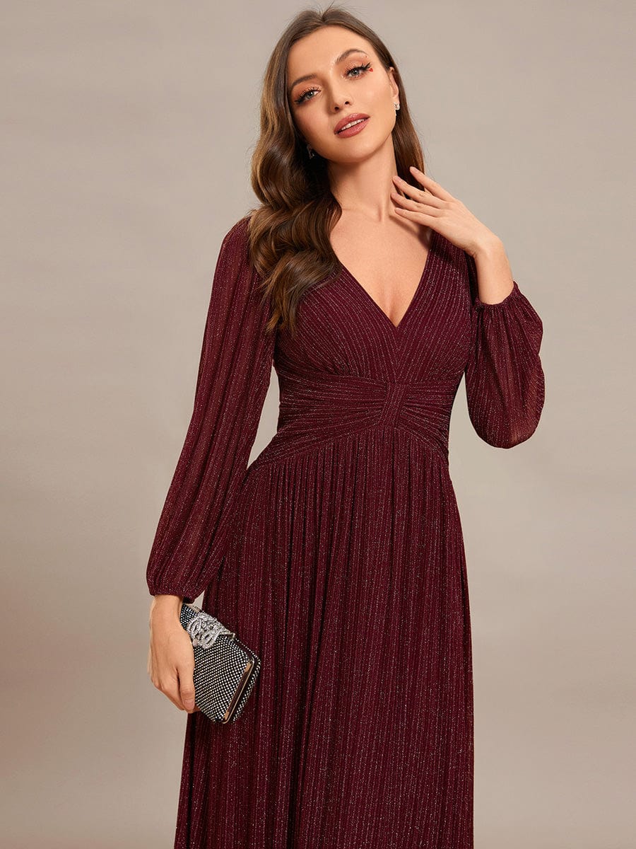 Glittery Empire Waist Long Lantern Sleeves A-Line Evening Dress #color_Burgundy