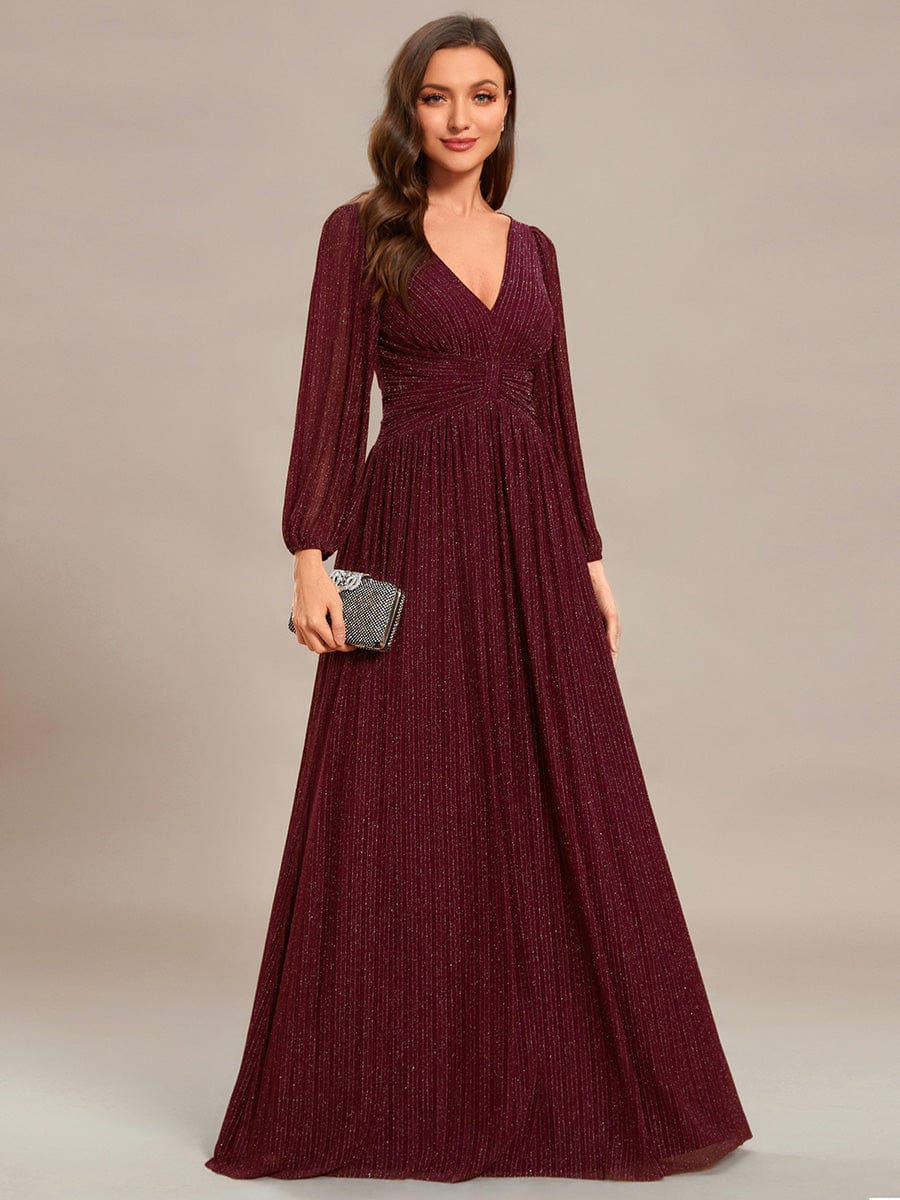 Glittery Empire Waist Long Lantern Sleeves A-Line Evening Dress #color_Burgundy