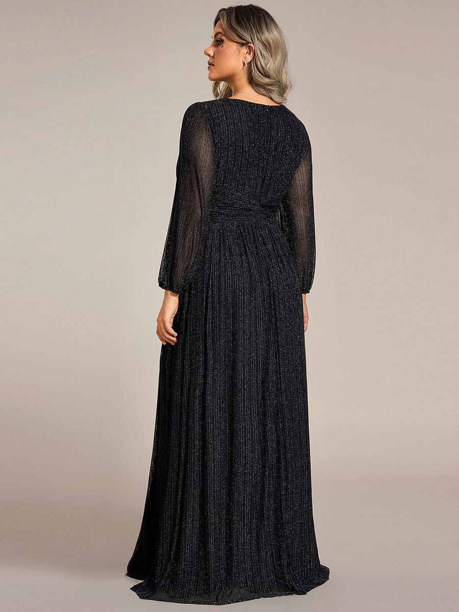 Glittery Empire Waist Long Lantern Sleeves A-Line Evening Dress #color_Black