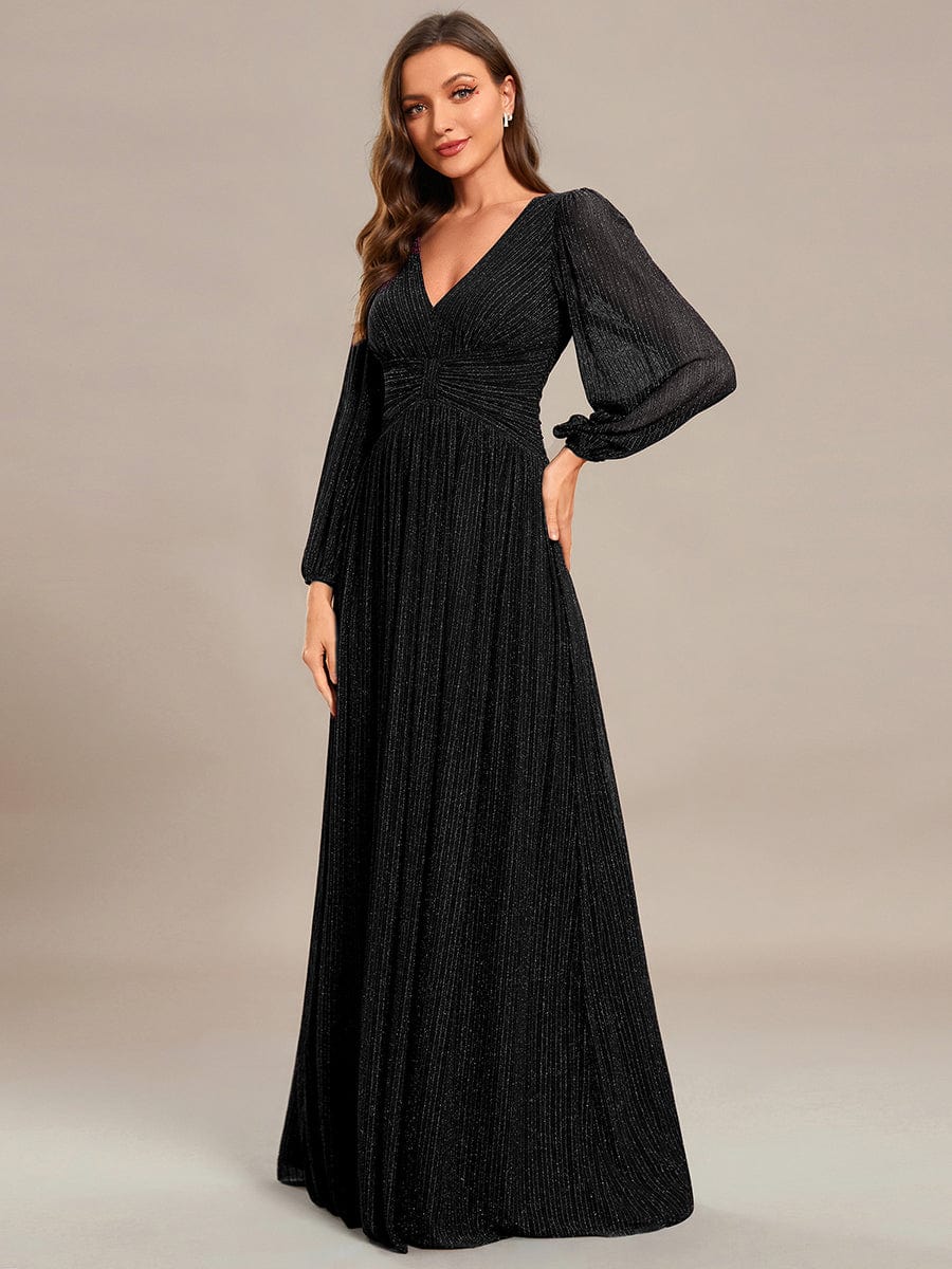 Glittery Empire Waist Long Lantern Sleeves A-Line Evening Dress #color_Black