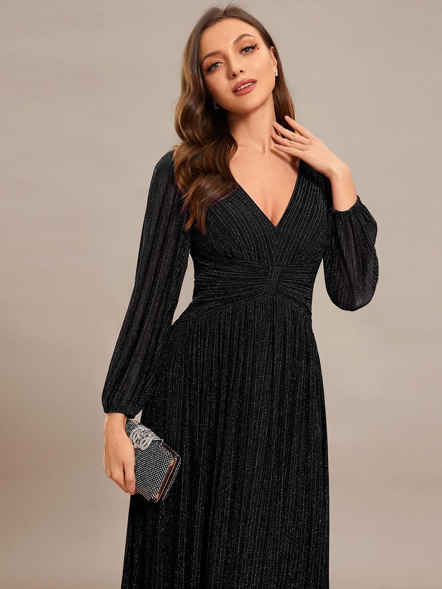 Glittery Empire Waist Long Lantern Sleeves A-Line Evening Dress #color_Black