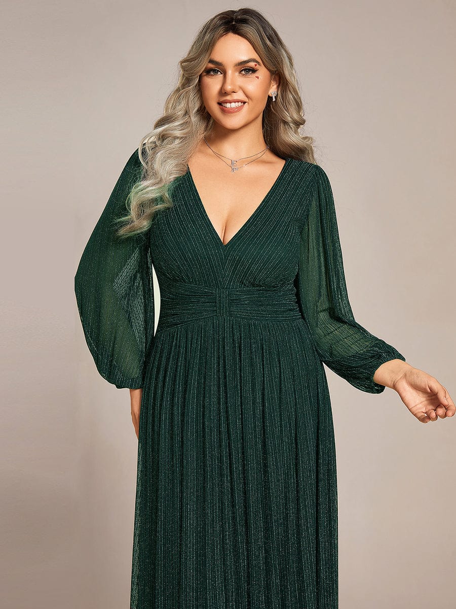 Glittery Empire Waist Long Lantern Sleeves A-Line Evening Dress #color_Dark Green