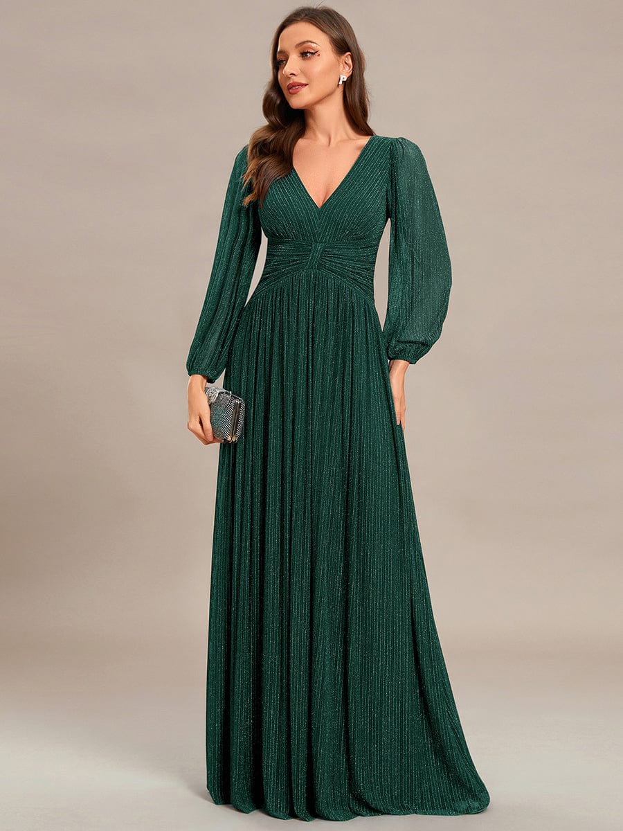 Glittery Empire Waist Long Lantern Sleeves A-Line Evening Dress #color_Dark Green