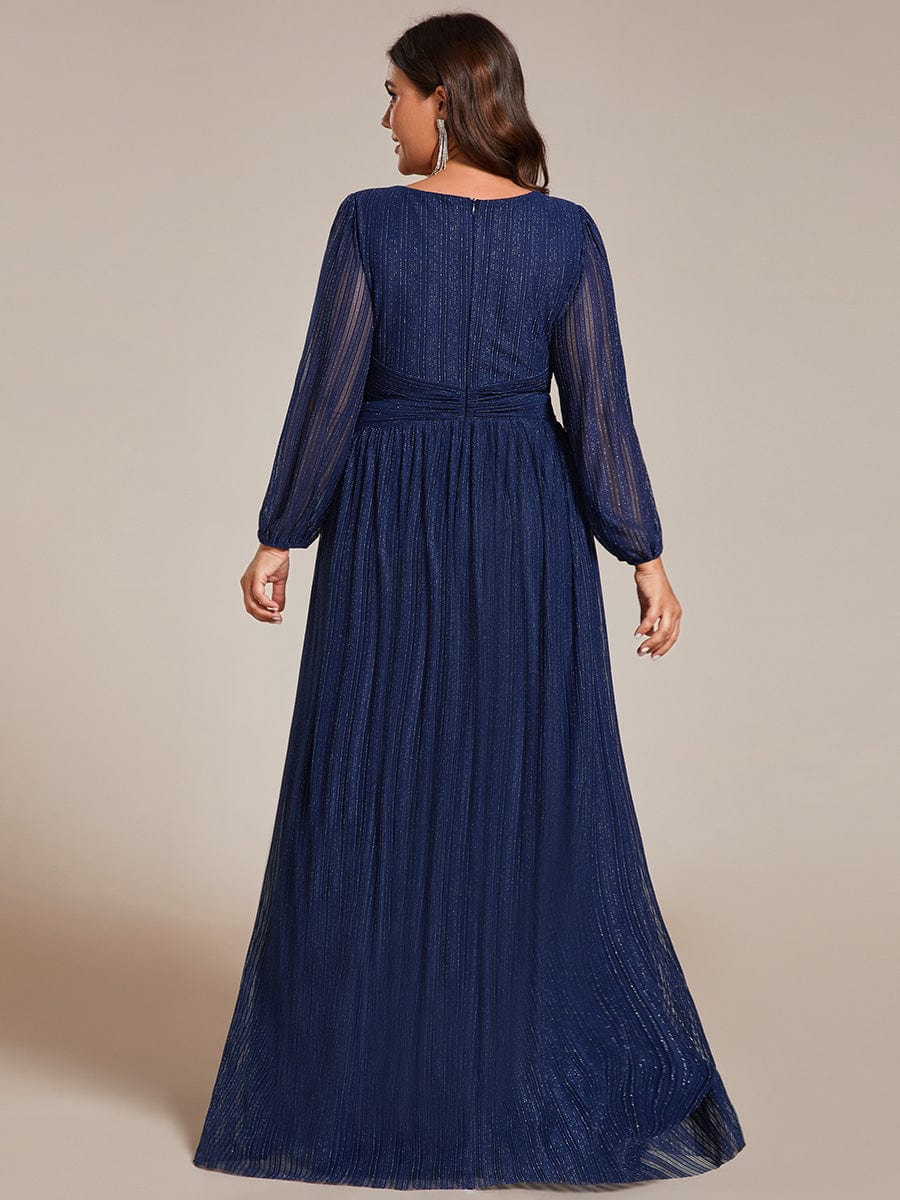 Glittery Empire Waist Long Lantern Sleeves A-Line Evening Dress #color_Navy Blue