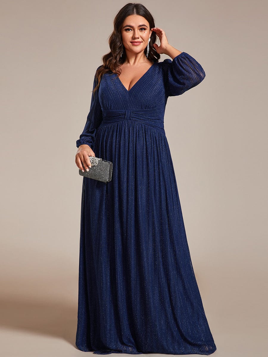 Glittery Empire Waist Long Lantern Sleeves A-Line Evening Dress #color_Navy Blue