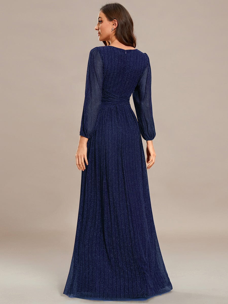 Glittery Empire Waist Long Lantern Sleeves A-Line Evening Dress #color_Navy Blue