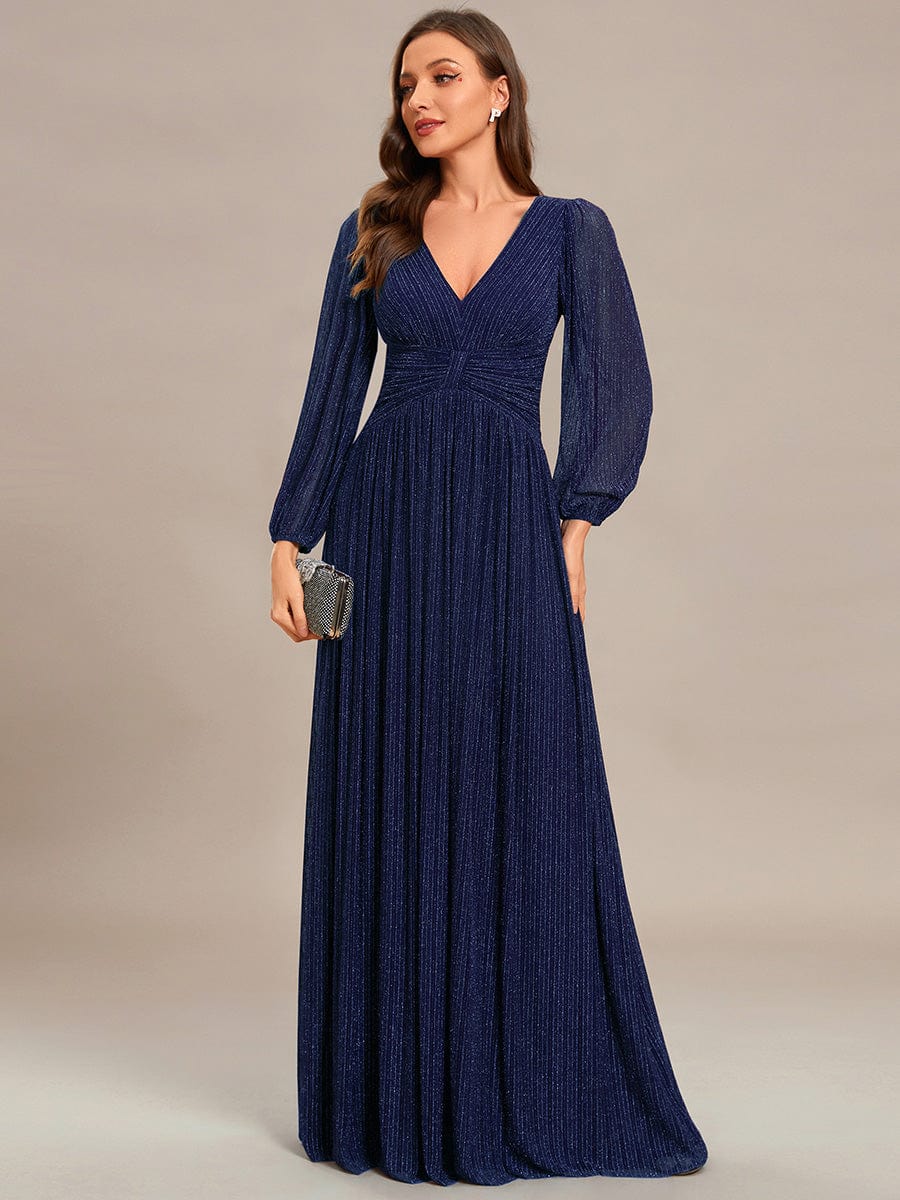 Glittery Empire Waist Long Lantern Sleeves A-Line Evening Dress #color_Navy Blue