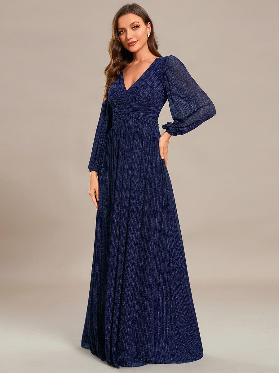 Glittery Empire Waist Long Lantern Sleeves A-Line Evening Dress #color_Navy Blue