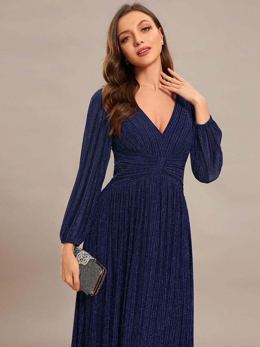 Glittery Empire Waist Long Lantern Sleeves A-Line Evening Dress #color_Navy Blue