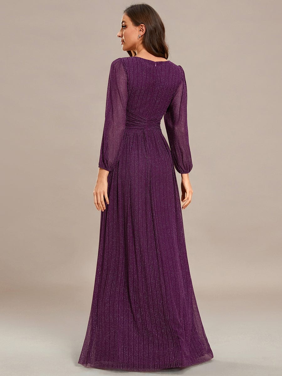 Glittery Empire Waist Long Lantern Sleeves A-Line Evening Dress #color_Purple Wisteria