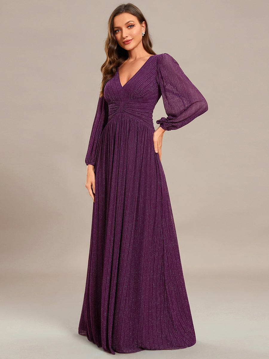 Glittery Empire Waist Long Lantern Sleeves A-Line Evening Dress #color_Purple Wisteria