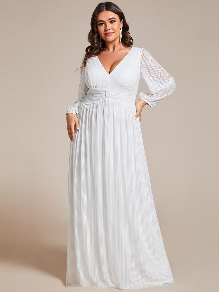 Plus Size Dazzling Empire Waist See-Through Long Sleeves A-Line Evening Dress #color_White