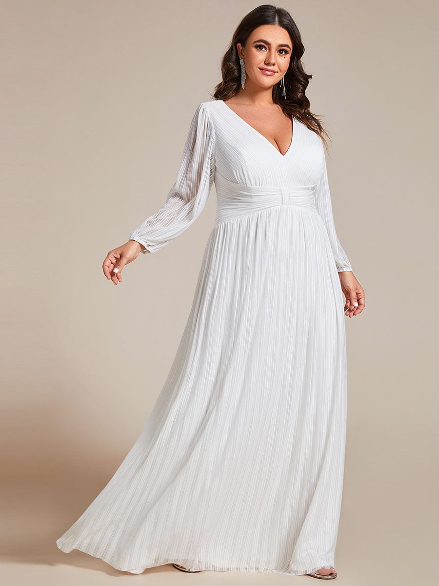 Plus Size Dazzling Empire Waist See-Through Long Sleeves A-Line Evening Dress #color_White