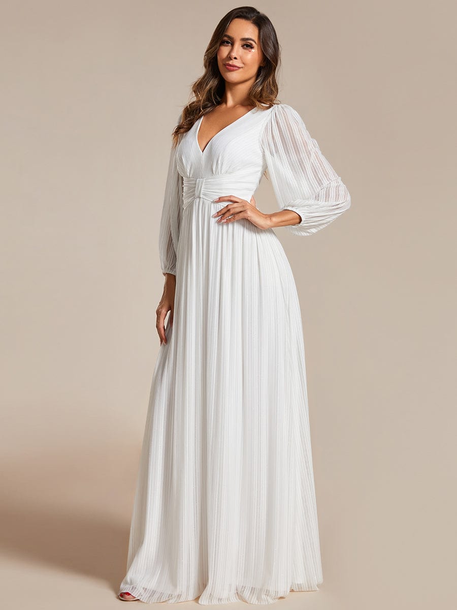 Glittery Empire Waist Long Lantern Sleeves A-Line Evening Dress #color_White