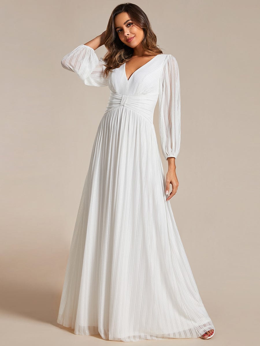 Glittery Empire Waist Long Lantern Sleeves A-Line Evening Dress #color_White