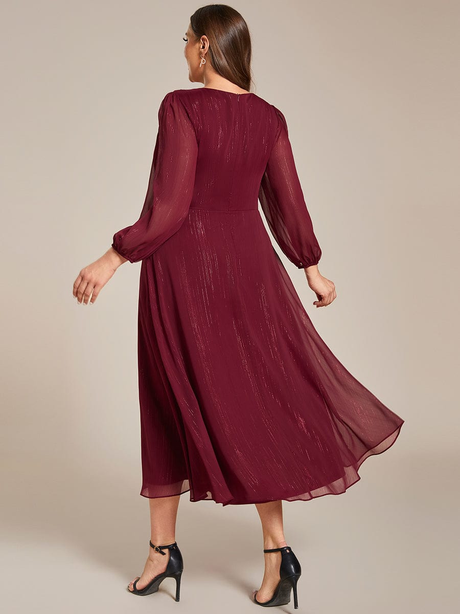 See-Through Long Sleeve Twist Knot A-Line Lotus Leaf Shimmering Evening Dress #color_Burgundy