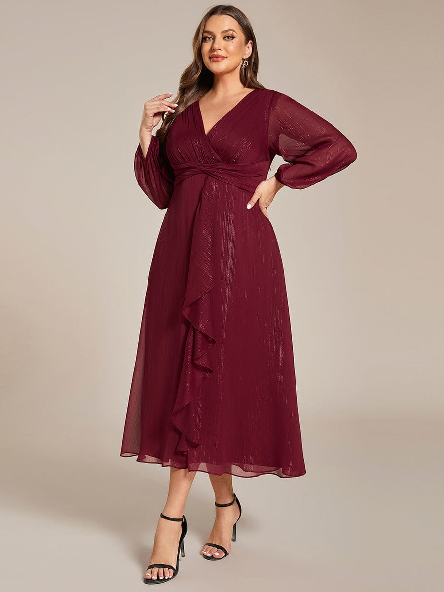 See-Through Long Sleeve Twist Knot A-Line Lotus Leaf Shimmering Evening Dress #color_Burgundy