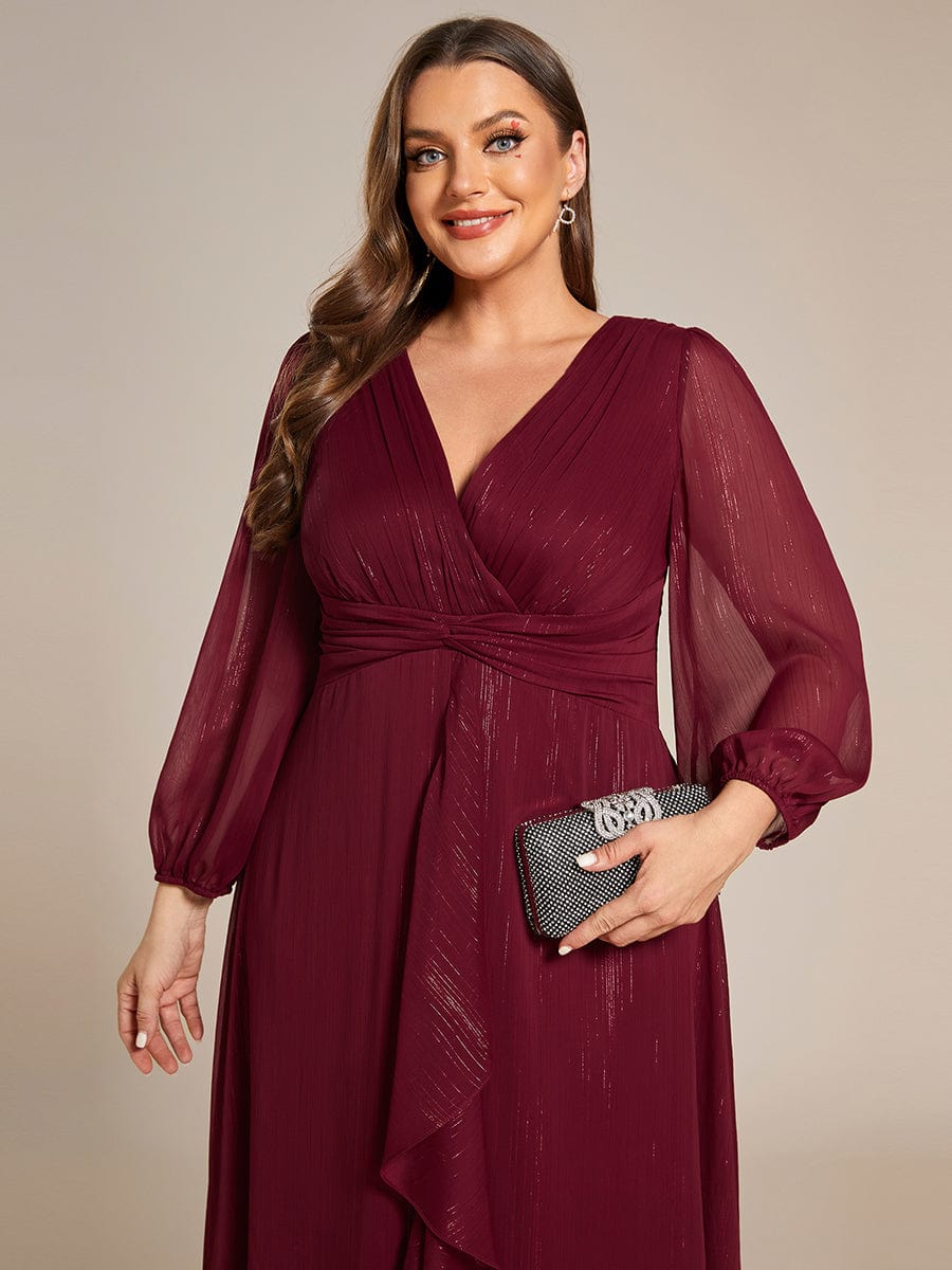 See-Through Long Sleeve Twist Knot A-Line Lotus Leaf Shimmering Evening Dress #color_Burgundy