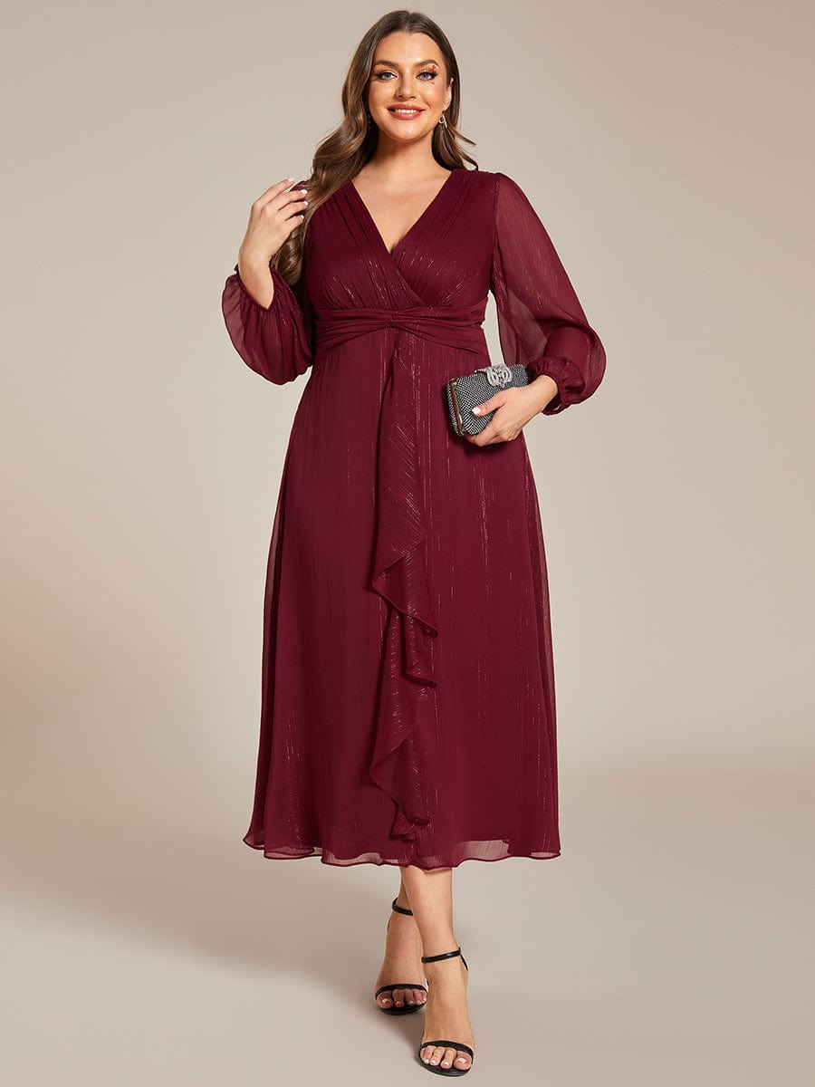 Glitter Twist Knot See-Through Long Sleeve Wedding Guest Dress #color_Burgundy