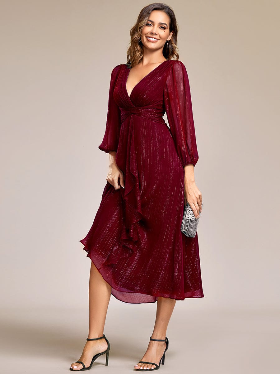 See-Through Long Sleeve Twist Knot A-Line Lotus Leaf Shimmering Evening Dress #color_Burgundy