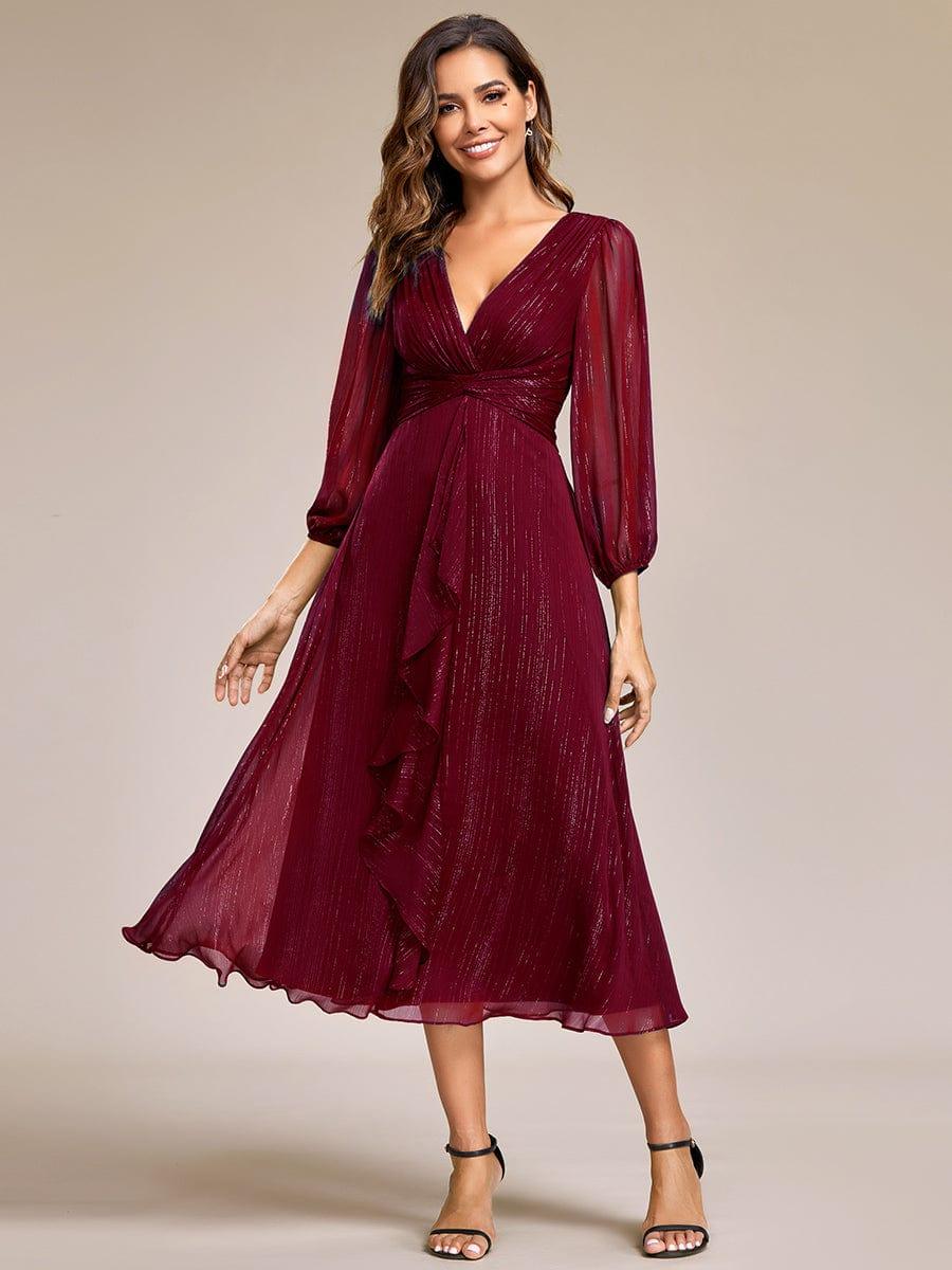 Glitter Twist Knot See-Through Long Sleeve Wedding Guest Dress #color_Burgundy