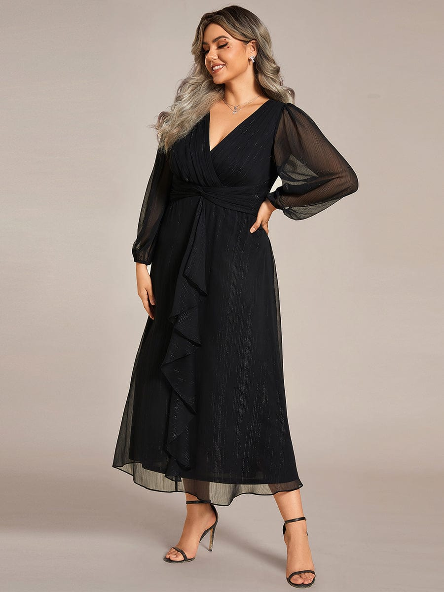 Plus Size Twist Knot Louts Leaf Long Sleeve A-Line Evening Dress #color_Black