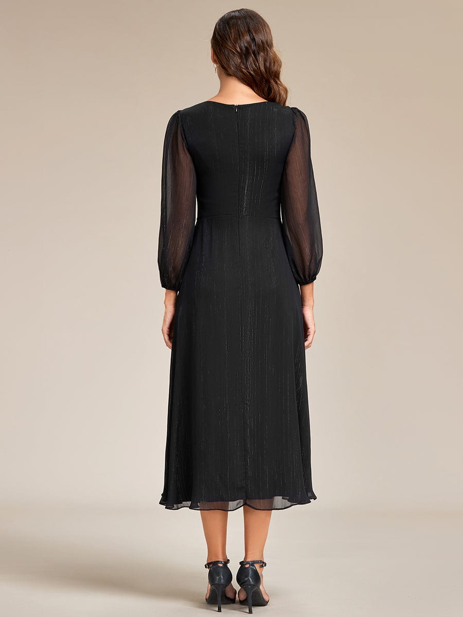 Custom Size See-Through Long Sleeve Twist Knot A-Line Lotus Leaf Shimmering Evening Dress #color_Black