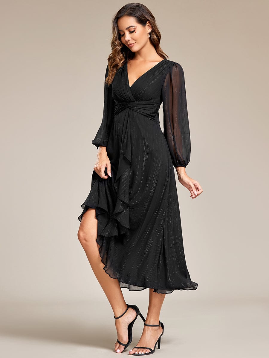 See-Through Long Sleeve Twist Knot A-Line Lotus Leaf Shimmering Evening Dress #color_Black