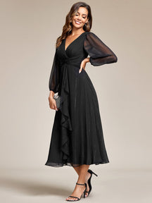 See-Through Long Sleeve Twist Knot A-Line Lotus Leaf Shimmering Evening Dress #color_Black