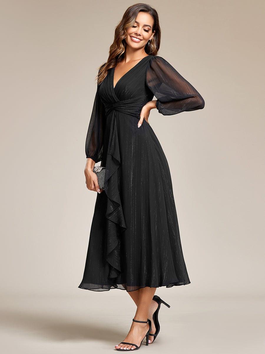 Glitter Twist Knot See-Through Long Sleeve Wedding Guest Dress #color_Black