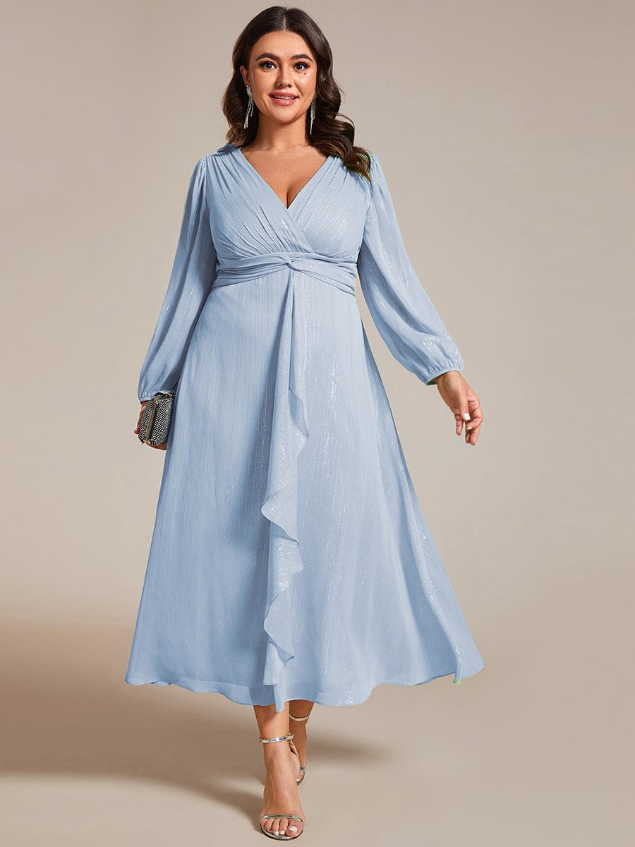 Plus Size Twist Knot Louts Leaf Long Sleeve A-Line Evening Dress #color_Sky Blue