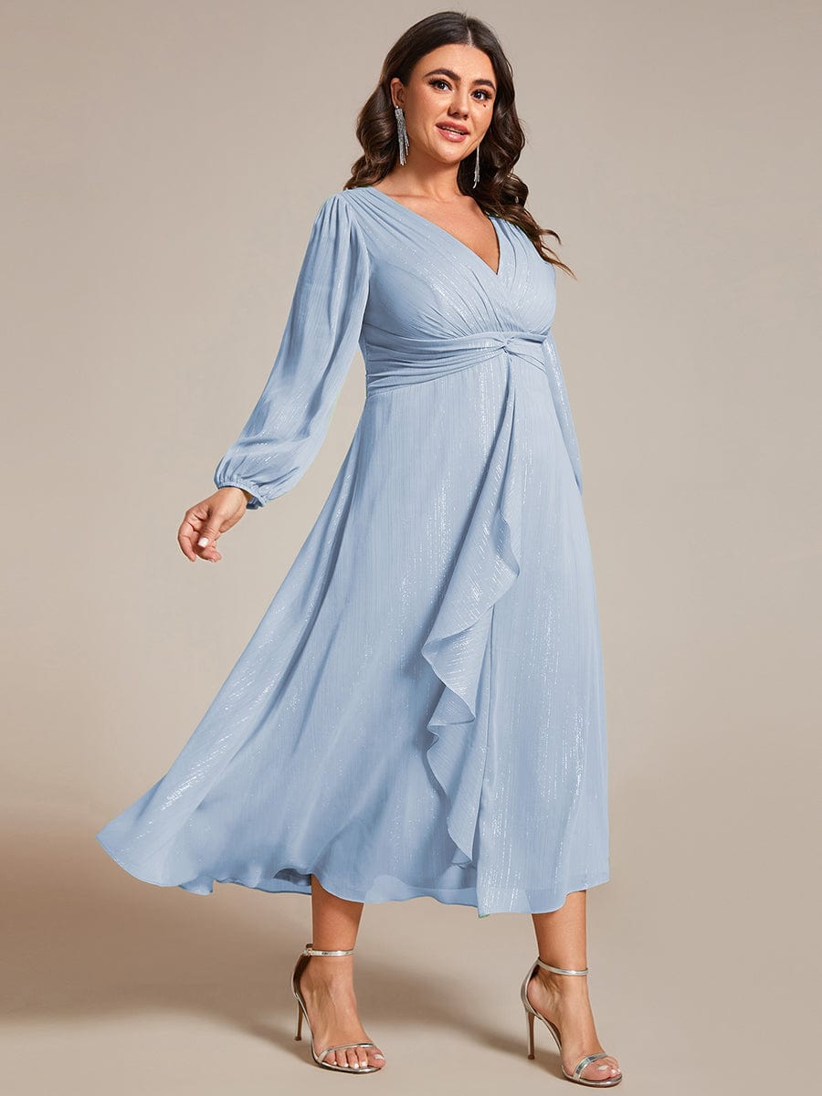 Plus Size Twist Knot Louts Leaf Long Sleeve A-Line Evening Dress #color_Sky Blue